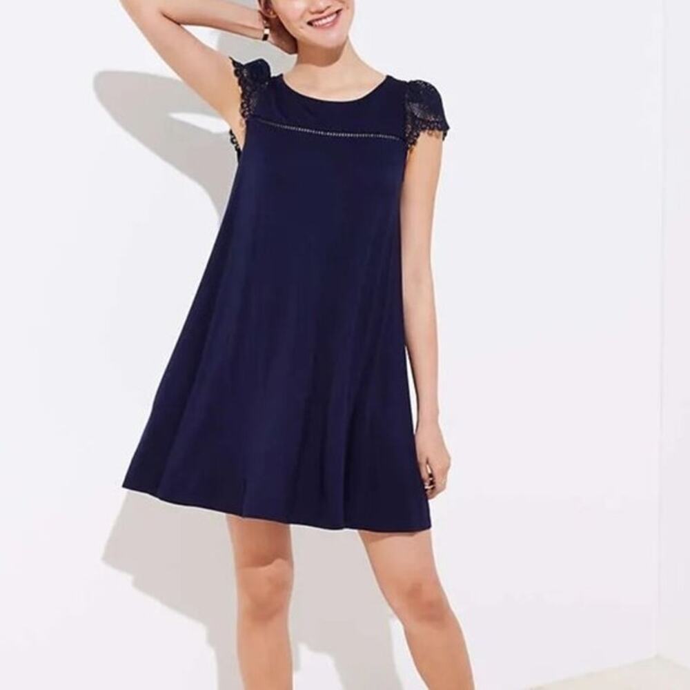 LOFT Lace Cap Sleeve Tent Dress Navy Blue Jersey Knit Casual Womens XS